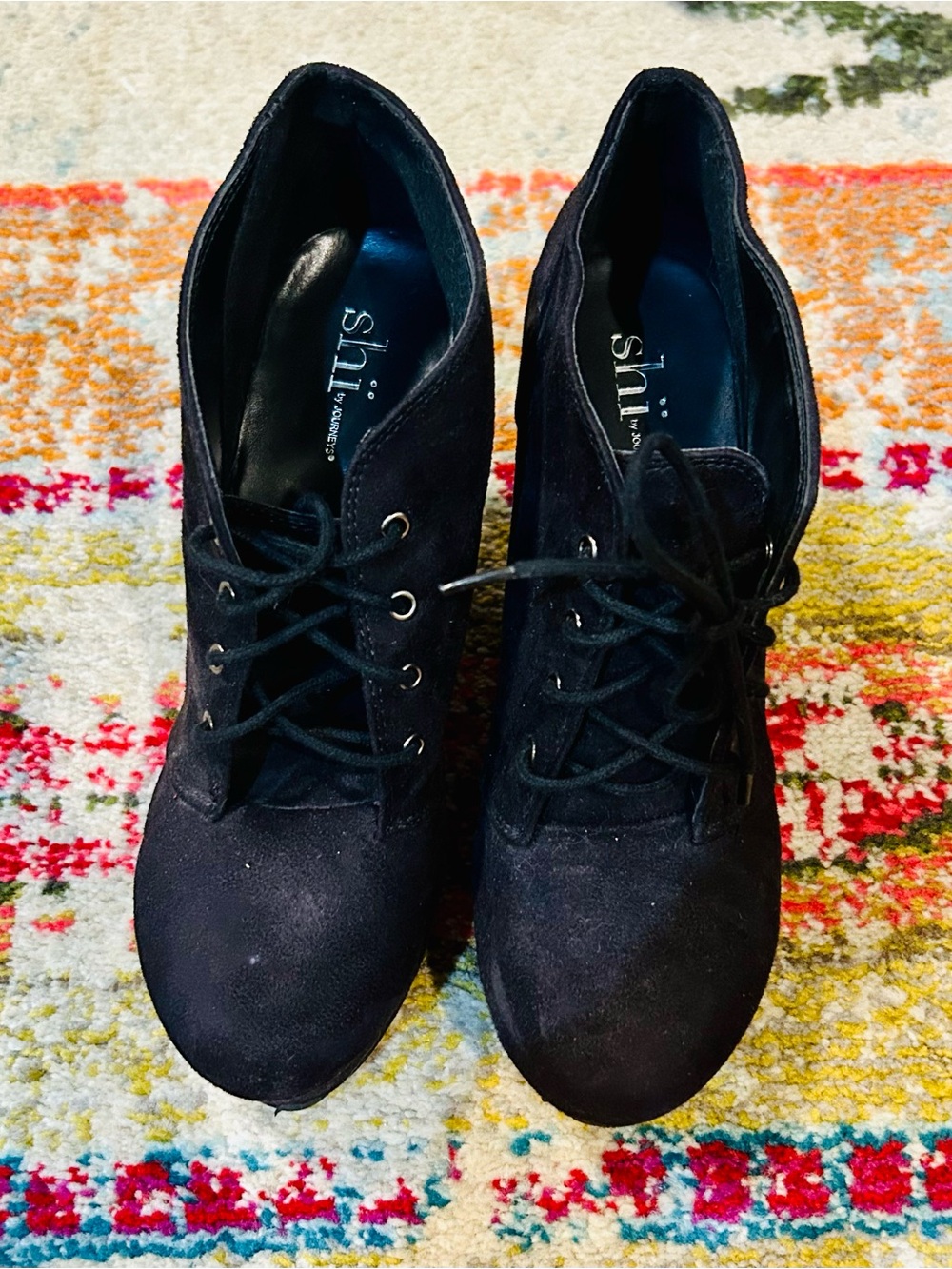 Shi by JOURNEYS Black Suede Lace-Up Ankle Booties with Stacked Heel